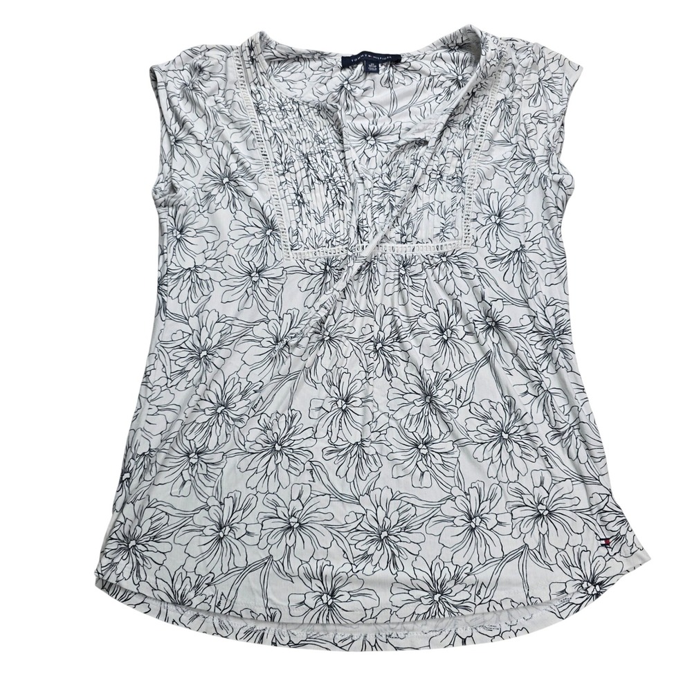 Tommy Hilfiger Floral Blouse‎ Womens XS White Black Pleated Lace Top